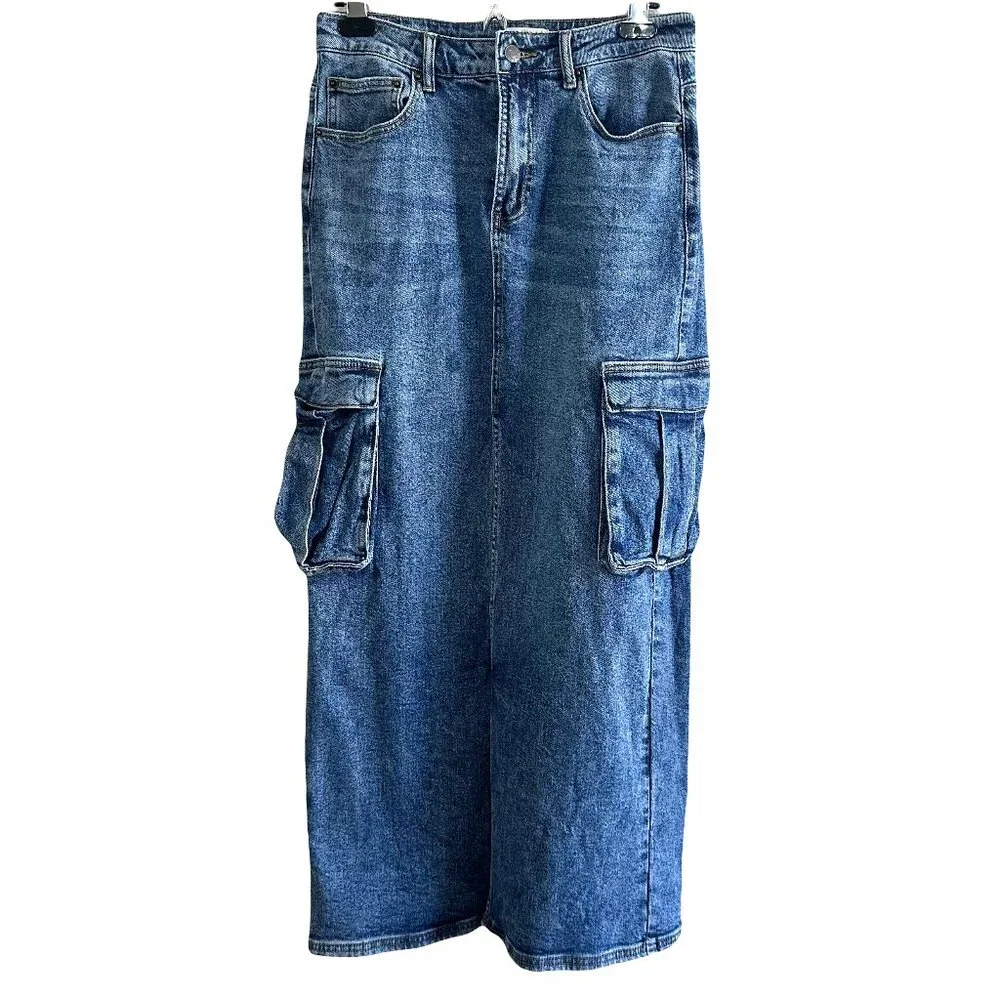 Guess Y2K Inspired Denim Blue Long Middle Split Maxi Cargo Skirt
